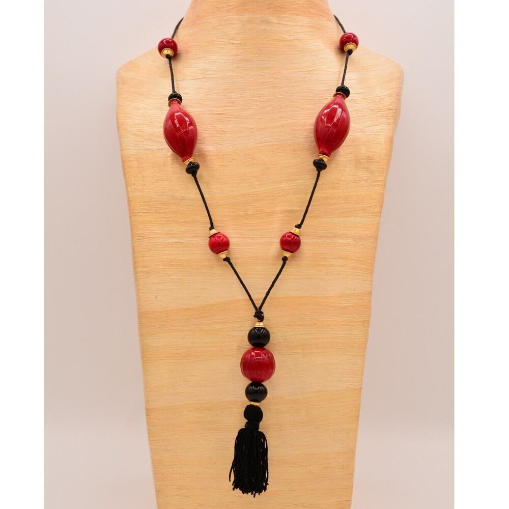 Vintage Tassel Necklace Black Cord Red Glass Gold Beaded Chunky V Signed Bin3C